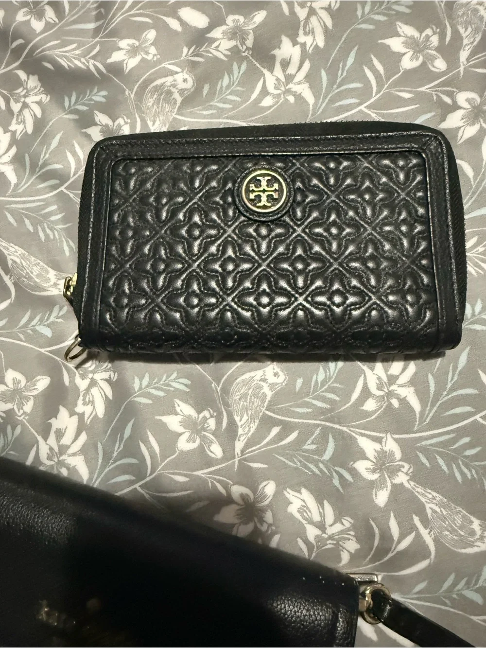 Tory Burch Black Quilted Leather Zip Card Holder with Gold Logo